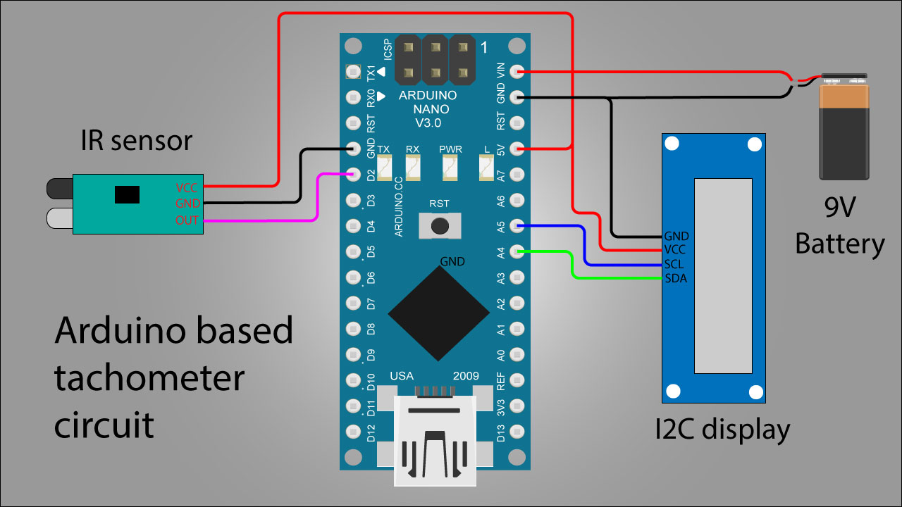 circuit diagram of arduino based digital tachometer RPM counter
 