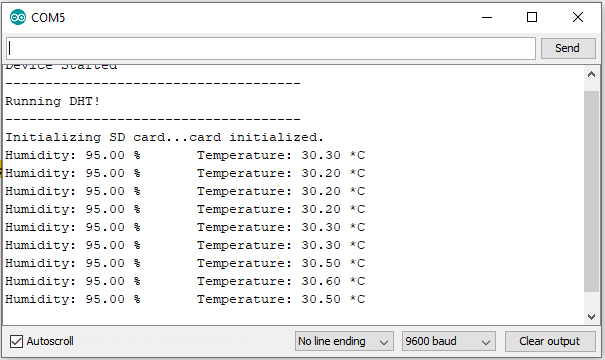 Serial output of Arduino+DHT11+SD card module temperature humidity data logger