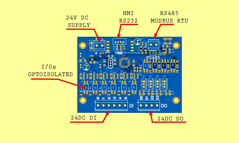 DIY low cost PLC using Atmega328P + 24VDC support + RS485 Modbus + HMI